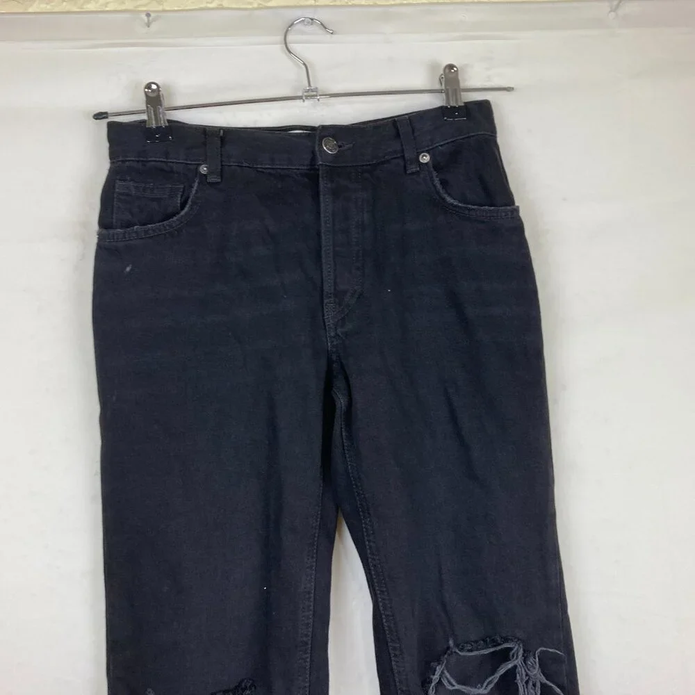 FREE PEOPLE Sz 25 Maggie Black Distressed Jeans Raw Hem Button Fly Mid Rise‎